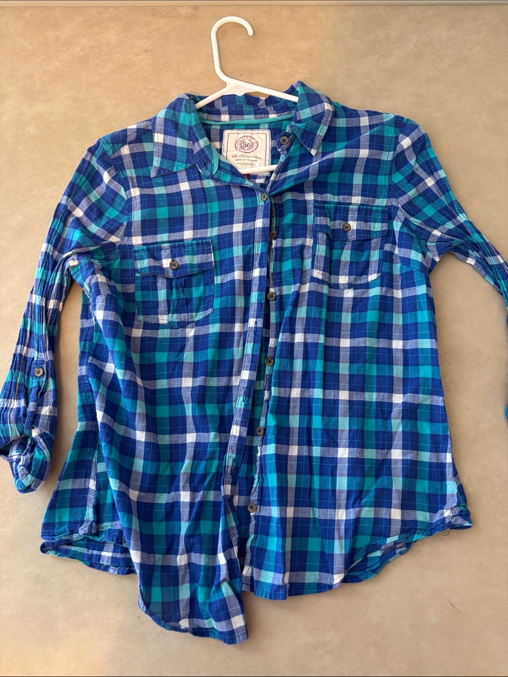 SO Girls Plaid Button-Down Shirt in Blue & Teal